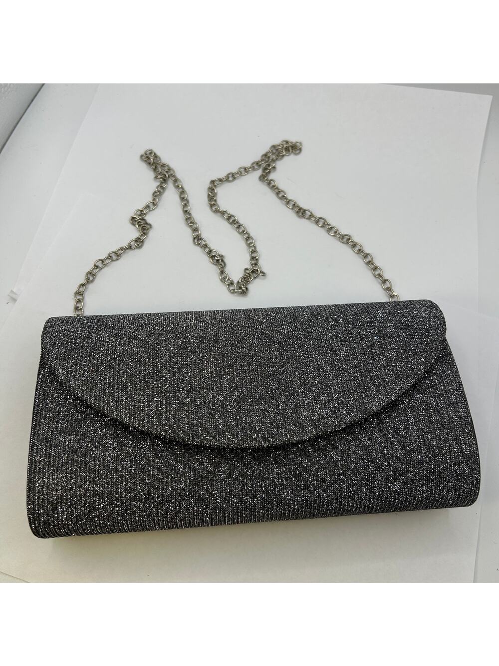 Jessica McClintock Silver Black Glitter Evening Bag Clutch Removable Chain Strap